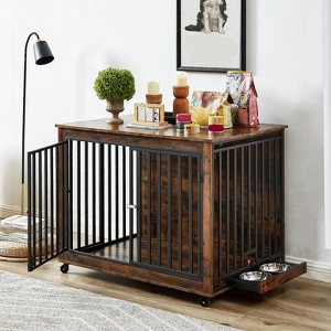 GustoWave Dog Crate Furniture with Pull-Out Dog Bowls, Heavy Duty Wooden Dog Kennel with Double Doors, Flip-Top & Wheels - 1 of 4