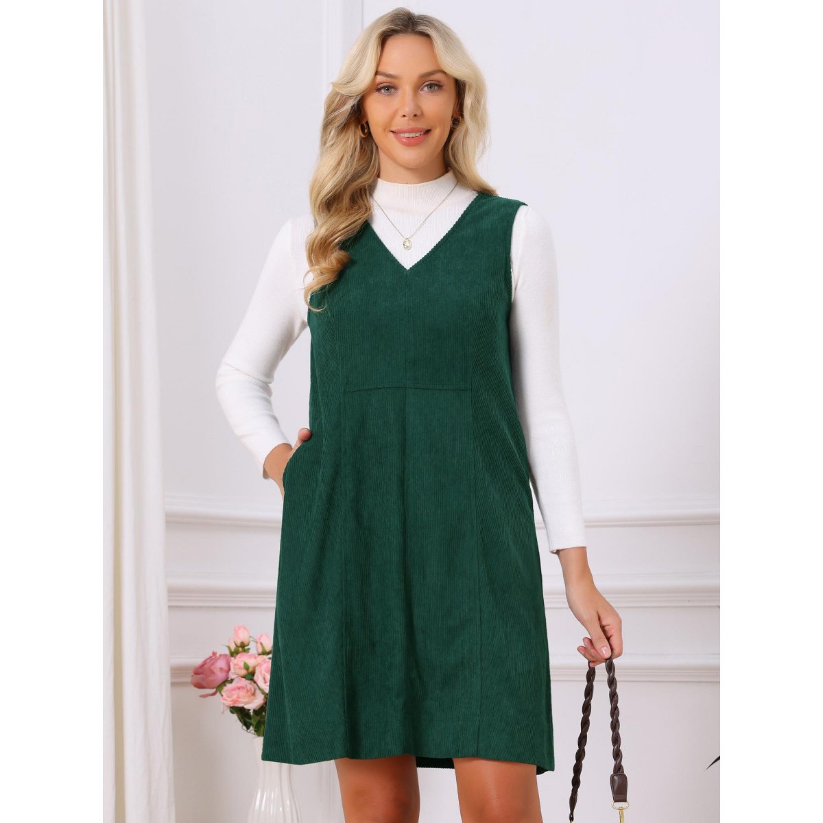 Женские платья INSPIRE CHIC Women's Corduroy Overall Dress 2026 V Neck Sleeveless A Line Casual Pinafore Dresses with Pockets X-Large Dark Green — фото 2
