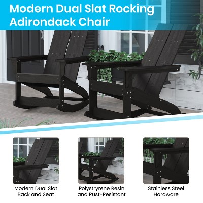 Emma + Oliver Black Poly Resin Adirondack Rocking Chair with Arms