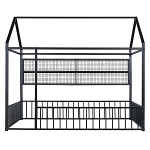Bellemave Full Size Montessori Floor Bed with Storage Shelf, Metal House Bed Frame with Fence, Black - 1 of 4