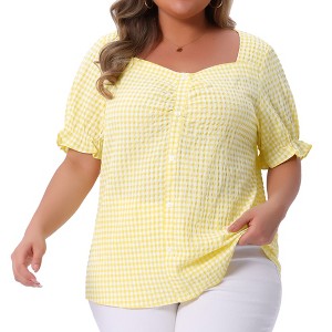 Agnes Orinda Women's Plus Size Gingham 1950s Sweetheart Neck Button Decor Short Sleeve Blouses - 1 of 4