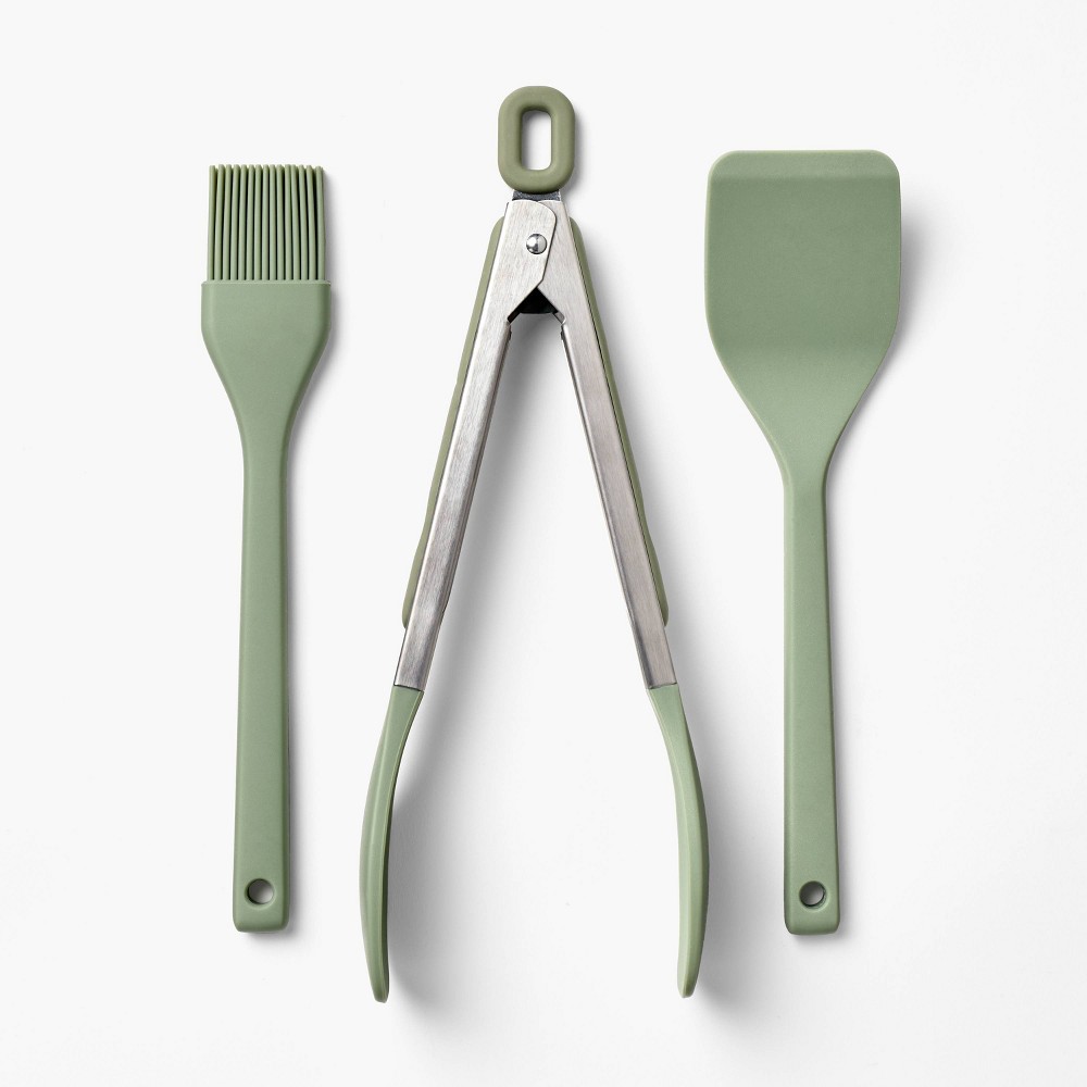 Photos - Other Accessories 3pc Silicone Mini Turner Basting Brush and Tongs Set Sage Green - Figmint™