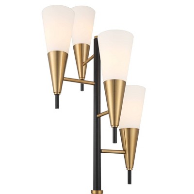 71" Tall Black and Gold Mid Century Modern Floor Lamp with Frosted Glass Shades
