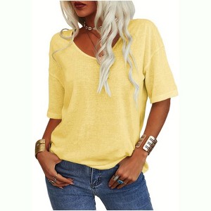 Imily Bela Women's Casual V Neck Half Sleeve Oversized T Shirt Solid Color Basic Top - 1 of 4