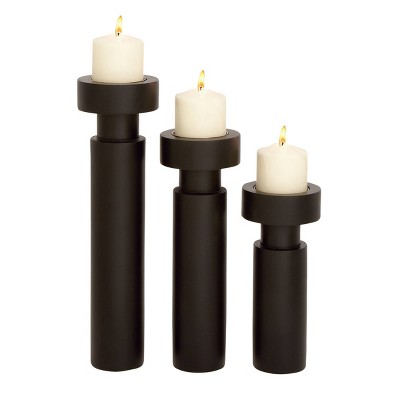 Set of 3 Modern Round Mango Wood Candle Holders Black - Olivia & May