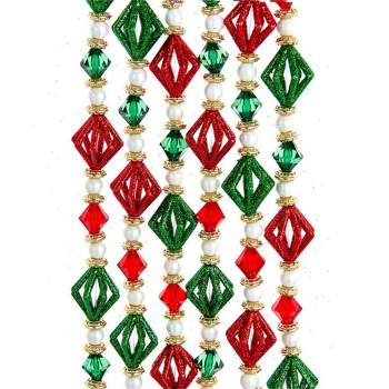 Christmas Multi Colored Beaded Garland  -  One Garland 1.0 Inches -  Glittered Red White Green  -  D4053  -  Acrylic  -  Multicolored