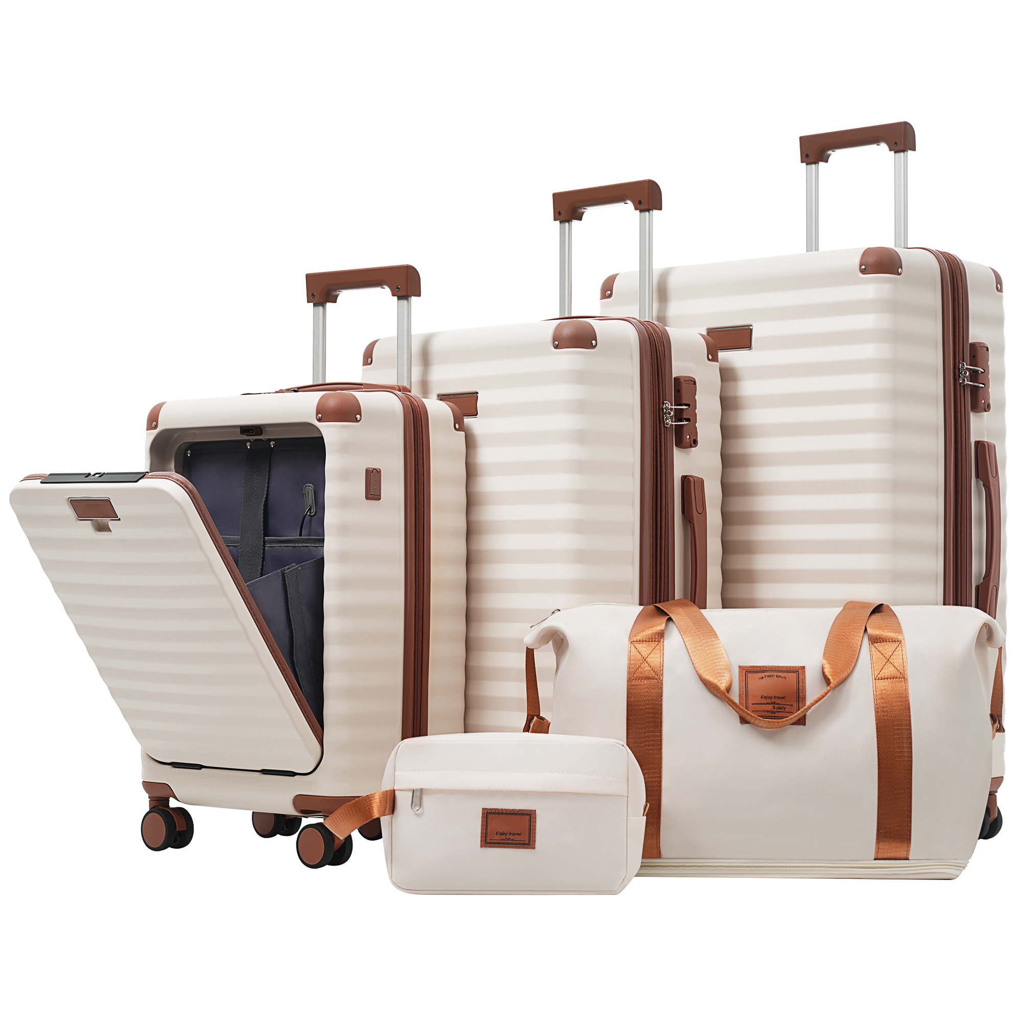 Merax 5-Piece Expandable Hardside Luggage Set with USB Port, Duffel Bag and Toiletry Bag, Brown+White