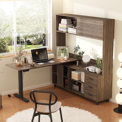 FUFU&GAGA Brown Smart Electric Lift Desk withCabinet, Multi-angle Change, Enjoy Healthy Office and Tidy Space