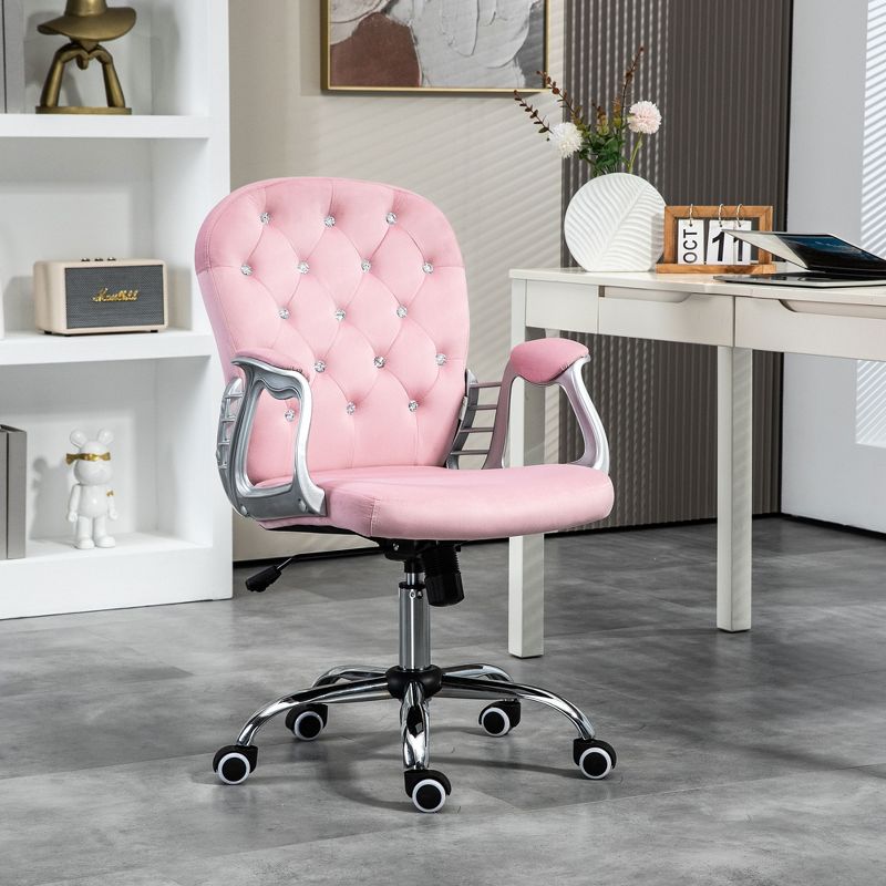 Vinsetto Vanity Velvet Mid Back Office Chair Swivel Tufted Backrest Task Chair with Padded Armrests, Adjustable Height, Rolling Wheels, Pink, 2 of 7