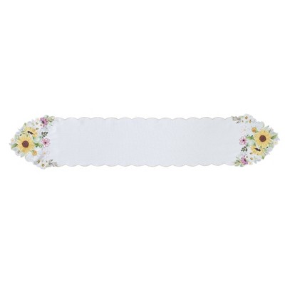 White Floral Embroidered Polyester Table Runner, 13x70
