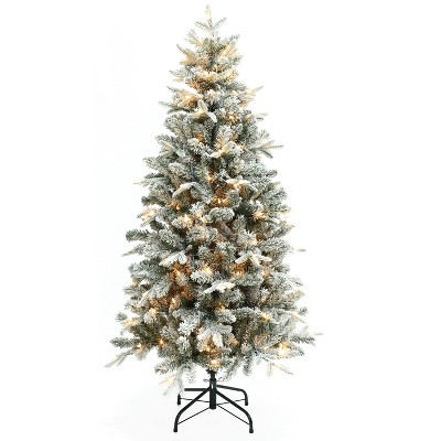 LuxenHome 5Ft Prelit Christmas Tree with Metal Stand, Full Fir Artificial Flocked Christmas Tree with 150 LED Lights Green