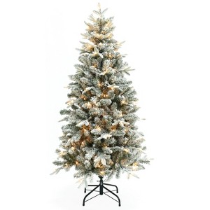 LuxenHome 5Ft Prelit Christmas Tree with Metal Stand, Full Fir Artificial Flocked Christmas Tree with 150 LED Lights Green - 1 of 4