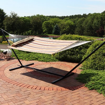 Sandy Beach Striped Polyester Double Hammock with Black Steel Stand