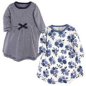 Touched by Nature Big Girls and Youth Organic Cotton Long-Sleeve Dresses 2pk, Navy Floral - 1 of 4