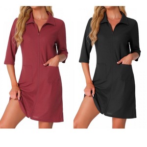 INSPIRE CHIC Women's 2 Pcs Zip Waffle Robes 3/4-Sleeve Bathrobe Knee-Length Housecoat Short Sleepwear with Pockets - 1 of 4
