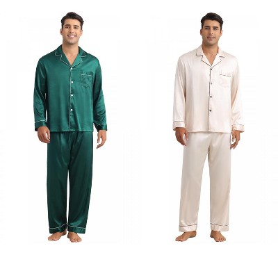 INSPIRE CHIC Men's 2 Pack Sleepwear Button Down Long Sleeve Classic Satin Pajamas Sets