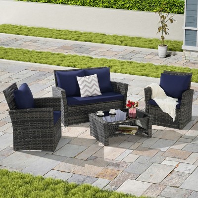 Outdoor Sofa Set, 4 Pcs Rattan Wicker Sofa, Sofa Set with Armrest Chairs and Tempered Glass Coffee Table, Sofas with Cushions-Coolbibila