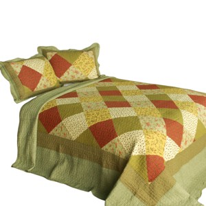 Slickblue Full/Queen Cotton 3PC Quilt Set — Green Floral Patchwork Vermicelli Quilted Bedding - 1 of 4