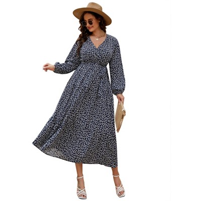 Women Plus Size V Neck Wrap Maxi Dress High Waist Ruffle Summer Casual Dress with Belt Long Sleeve,navy blue yellow flower
