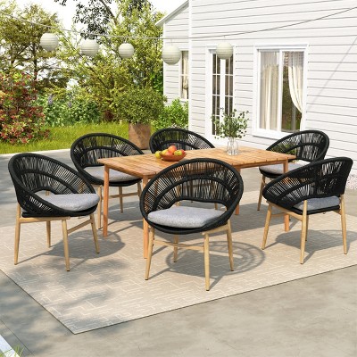 7Pcs Outdoor Patio Dining Set, Dining Set with 6 PE Rattan Chairs and 1 Acacia Wood Table, Wood Frame Chairs with Foam Cushion-Coolbibila