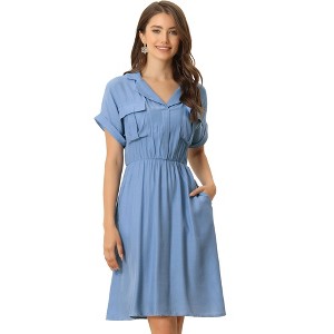 Allegra K Women's Notched Lapel Elastic Waist Pocket A-Line Safari Shirt Dresses - 1 of 4