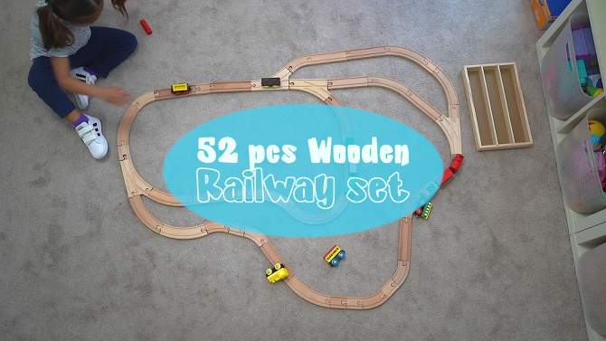 Wooden Train Tracks - 52 PCS Wooden Train Set for Kids Plus 2 Bonus Toy Trains - Play22USA, 2 of 11, play video