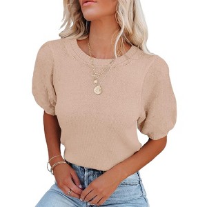 Womens Short Sleeve Lightweight Sweaters Crewneck Knit Pullover Tops with Crochet Sleeve Casual Crochet Blouse Shirt for Spring, Summer - 1 of 4