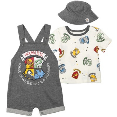 Harry Potter Hermione Hedwig Owl Ron Weasley Baby French Terry Short Overalls Graphic T-Shirt and Hat 3 Piece Outfit Set Newborn to Infant