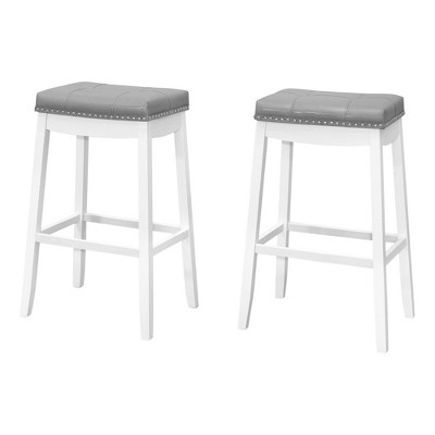 Monarch Specialties Bar Stool Set Of 2 Bar Height Saddle Seat Wood Pu Leather Look White Grey Transitional