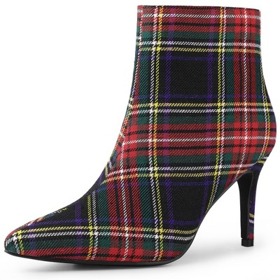 Allegra K Women's Plaid Pointed Toe Side Zip Stiletto Heel Ankle Boots