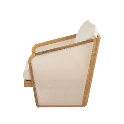 Teak Finish Acacia Wood Patio Lounge Chair with Beige Cushions