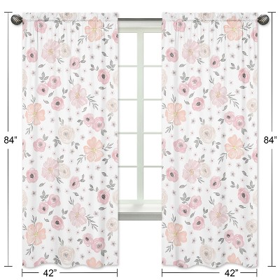White and Pink Floral Polyester Kids Window Curtain Panels