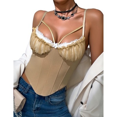 High-End Backless Fishbone Camisole Bra with See-Through Mesh and Lace Splicing