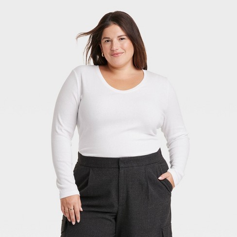 Women's Long Sleeve V-neck T-shirt - A New Day™ White Xxl : Target