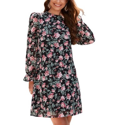Women's Ruffle Mock Neck Long Sleeve Floral Print Mini Dress Casual Pleated Flowy Babydoll Short Dress