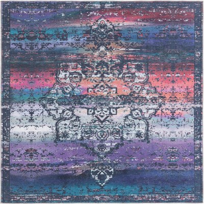 Multi Blue Medallion Square Washable Area Rug