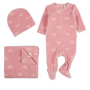 MiniMoi 3 Piece Baby Girls "Velvet Bow" Cotton Rich Velour Footie Set Pink 3 Months - 1 of 4