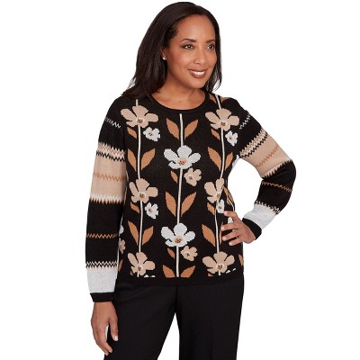 Alfred Dunner Women's Vertical Flower Zig Zag Sweater