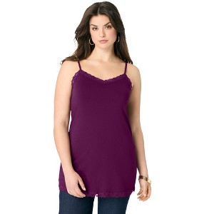Roaman's Women's Plus Size Lace Trim Knit Cami With Adjustable Straps - 1 of 4