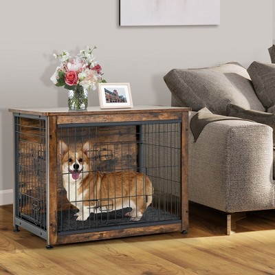 Rustic Brown Wooden Dog Crate End Table with Steel Mesh