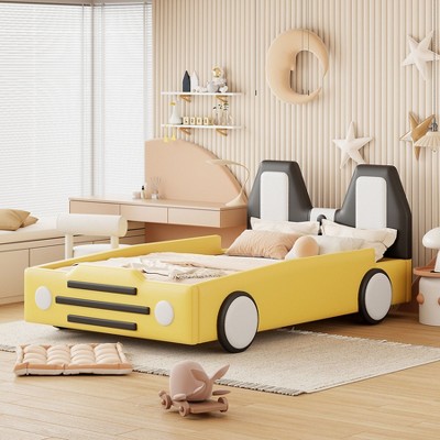 NicBex Twin Car-Shaped Platform Bed Frame with Wheels,Platform Bed with Headboard,Solid Wood Slats Support,No Box Spring Needed,Easy Assembly