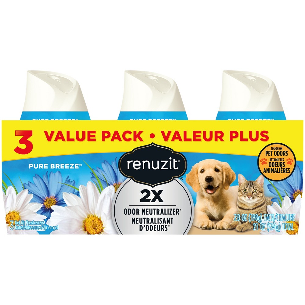 Renuzit Gel Air Freshener, Tough on Pet Odors, Pure Breeze, 7 Ounce, 3 Count
