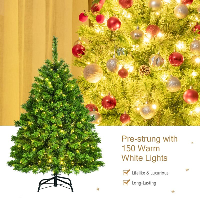 Tangkula Artificial Pre-Lit Christmas Tree, Green Flocked Christmas Hinged Tree w/ Branch Tips & Warm LED lights, 3 of 11