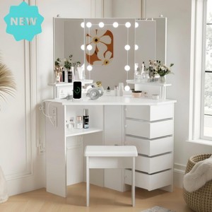 Jojoka Corner Makeup Vanity with Lights & Power Outlets, Dressing Table with Tri-Fold Mirror, 5 Rotating Drawers, Shelves & Stool - 1 of 4