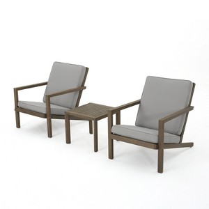 GDFStudio Ludwig Outdoor Acacia Wood 3 Piece Chat Set with Cushions - 1 of 4