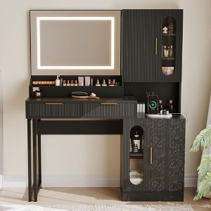 Vanity Desk with Mirror and Lights, Fluted Vanity Table with Drawers and Cabinets, Modern Makeup Desk with Charging Station - 1 of 4