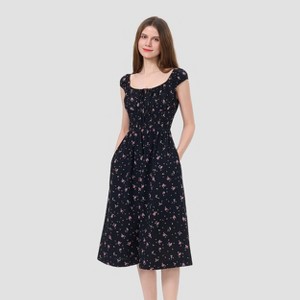 knee length dresses for ladies Black Midi Dress With Cap Sleeves main image 1