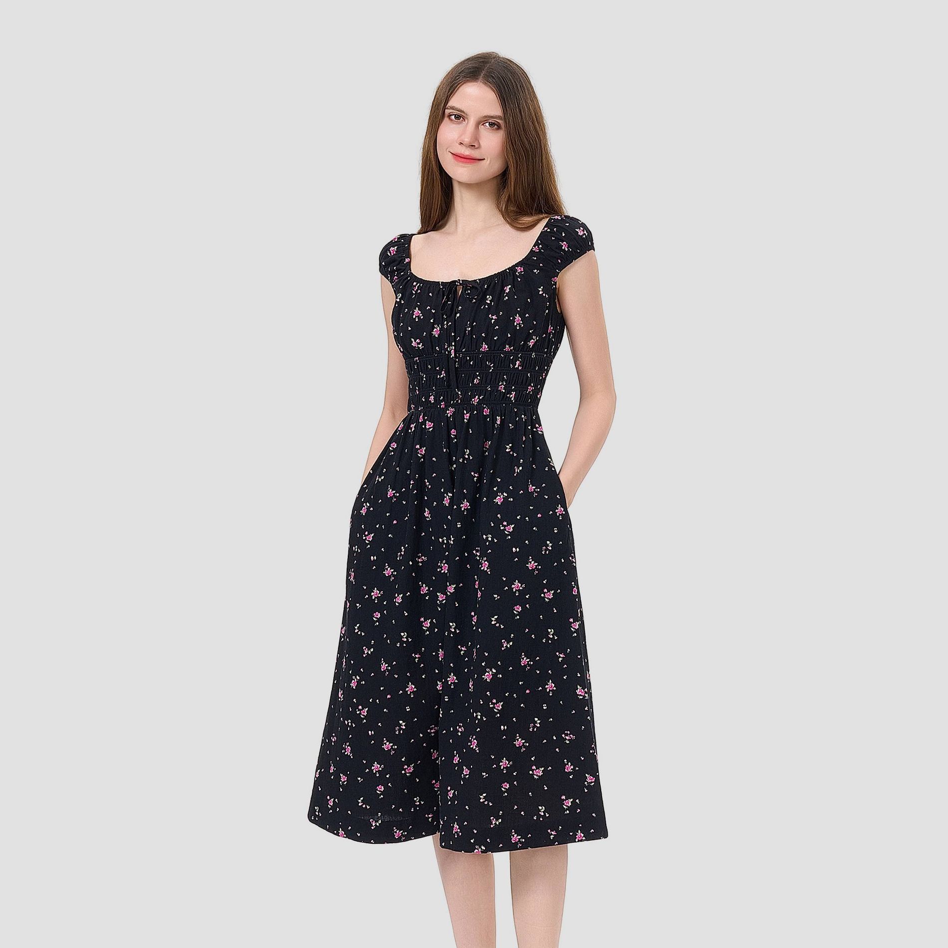 Women's Cap Sleeve Boho Midi Dress - Universal Thread™ Black Floral
