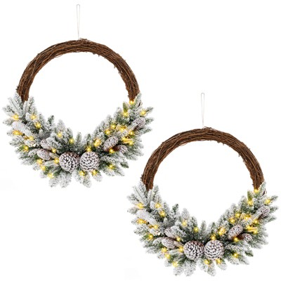 Tangkula Pre-lit Artificial Christmas Wreath Snow Flocked Xmas Hoop Wreath with 35 LED Lights 65 Branch Tips 8 Natural Pine Cones 1pc/2pcs
