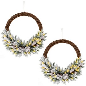 Tangkula Pre-lit Artificial Christmas Wreath Snow Flocked Xmas Hoop Wreath with 35 LED Lights 65 Branch Tips 8 Natural Pine Cones 1pc/2pcs - 1 of 4